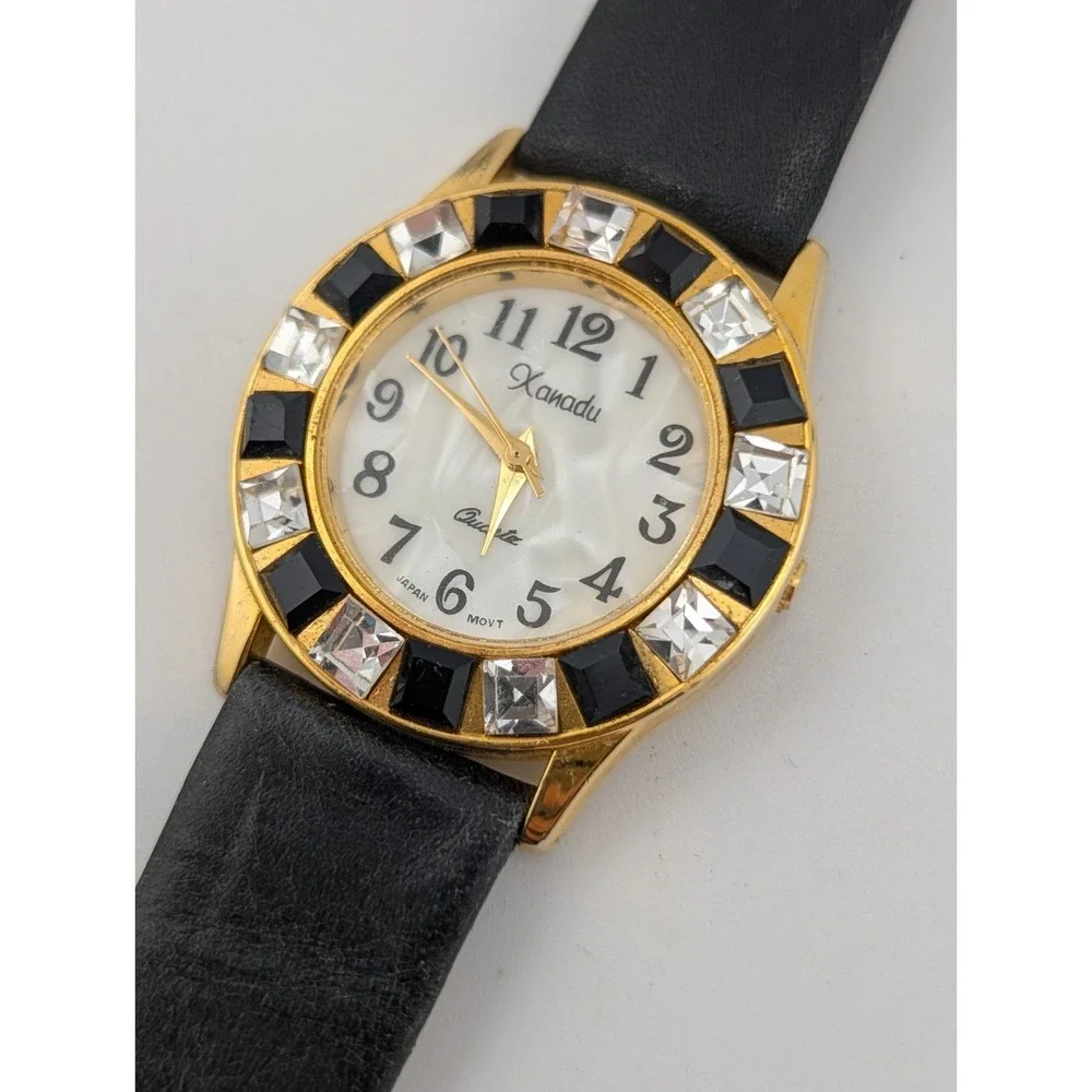 Vintage Xanadu Women's Watch 33mm Gold Case Crystal Bezel Black Band New Battery